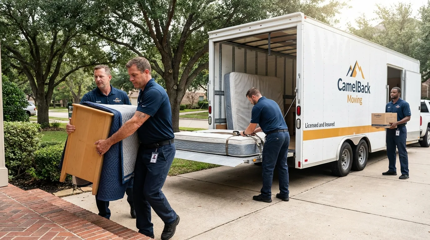 Crew loading residential truck for cross-state move from Carlinville, IL