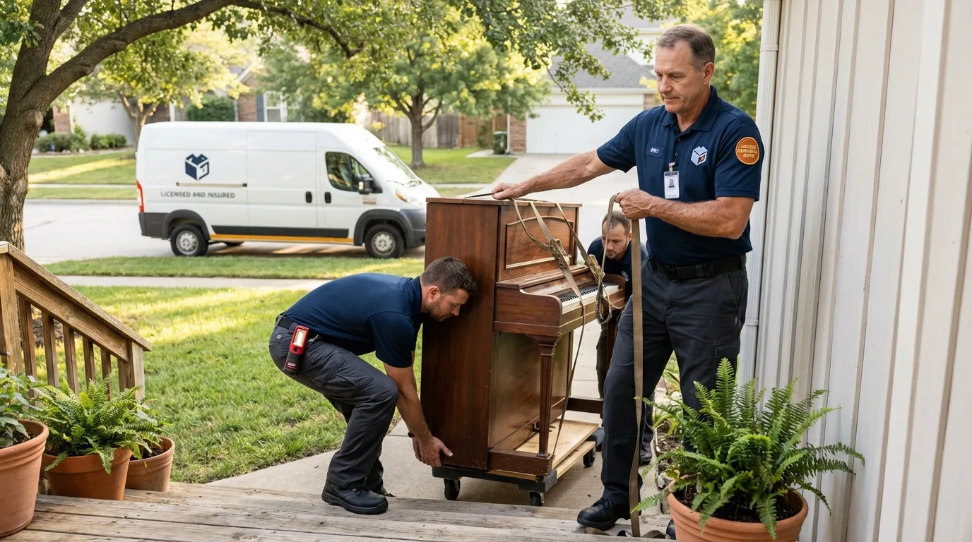 Licensed piano movers securing grand piano in Carlinville, IL