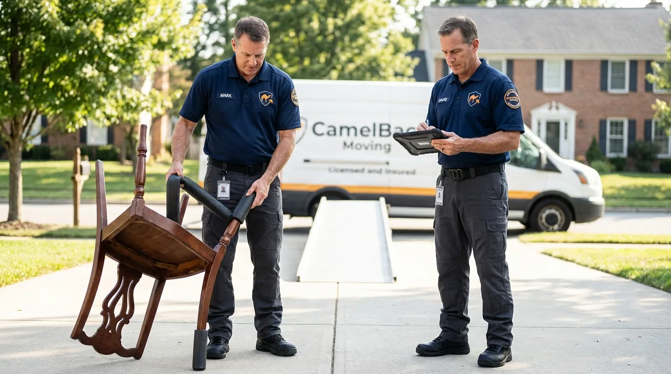 Movers inspecting furniture for damage prevention before loading in Carlinville, IL