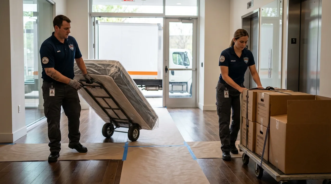 Professional apartment movers loading elevator in Carlinville, IL