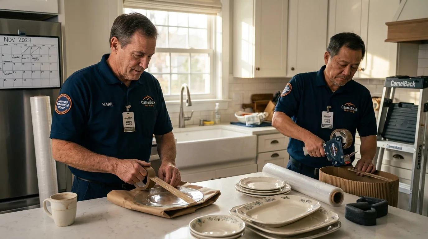 Professional crew packing kitchen dishware in Carlinville, IL